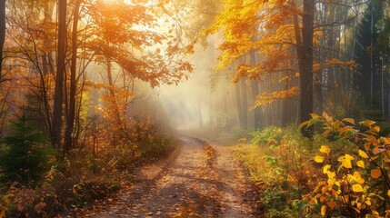 Obraz premium Misty forest path with fall foliage