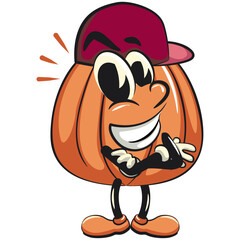 character of a cute pumpkin cartoon vector isolated clip art mascot illustration in cool hip-hop style, work of hand drawn