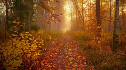 Fototapeta premium Misty forest path with fall foliage