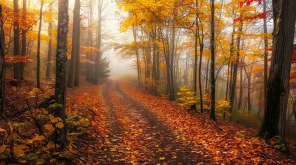 Obraz premium Misty forest path with fall foliage
