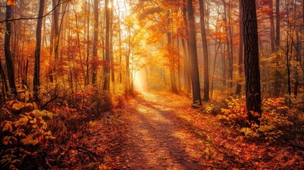 Misty forest path with fall foliage