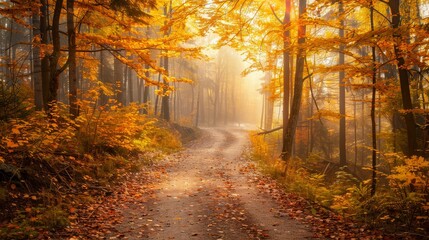 Obraz premium Misty forest path with fall foliage