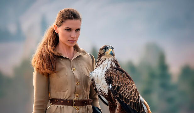 A falconer woman accompanied by a white-tailed eagle.