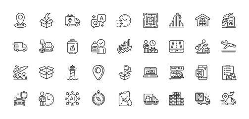 Open box, Gps and Delivery time line icons pack. AI, Question and Answer, Map pin icons. Delivery, Wholesale goods, Car secure web icon. Bike courier, Shuttle bus, Petrol station pictogram. Vector