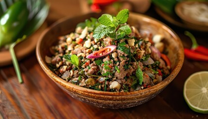 Larb, a Thai minced meat salad, features ground meat mixed with fresh herbs, lime juice, and fish sauce