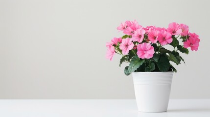 Potted pink flower on white background