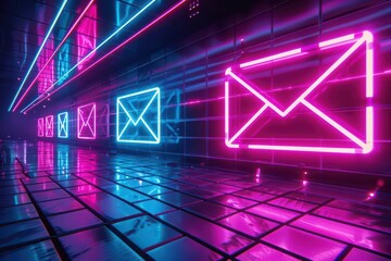 Neon style of email interactions elevating marketing strategies in digital realms, presented in classic styles color for a synth wave template