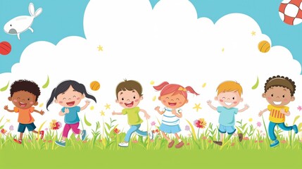 Happy Kids Playing Summer Field Illustration