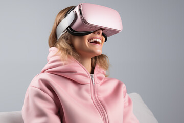  woman in formal suit using vr device goggle virtual reality ai