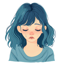 asian girl with blue hair and sad facial expression . Clipart PNG image . Transparent background . Cartoon vector style