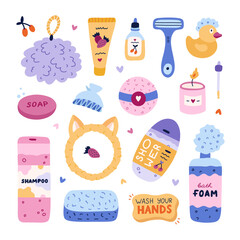 Cute cartoon clipart set of hygiene items, bathroom accessories. Hand drawn products for skincare, beauty, body care, self love. Soap, shower, towel, shampoo, microfiber, cream, oil.