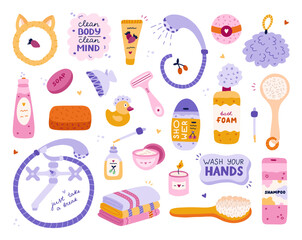 Cute cartoon clipart set of hygiene items, bathroom accessories. Hand drawn products for skincare, beauty, body care, self love Soap, shower, microfiber towel, shampoo, cream, oil.
