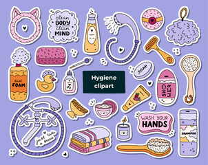 Big set of stickers with cute hygiene items, bathroom and shower accessories. Collection of hand drawn clipart with products for skincare, beauty and body care, self love in trendy doodlestyle.