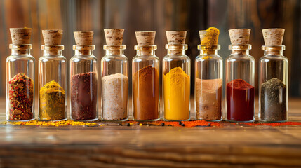 Seasoning Showcase: Array of Raw Spices in Glass Bottles on Wooden Kitchen Counter