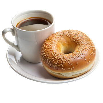 Tasty bagel with cream cheese served with a steaming cup of coffee