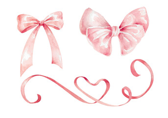 Set of watercolor pink ribbons and bows. Hand drawn illustration for design on white background