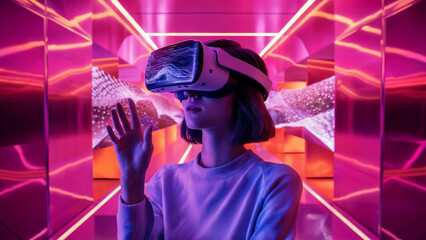 A young woman wearing a modern virtual reality (VR) headset. She is positioned in a vibrant, neon-lit corridor with reflective surfaces. 