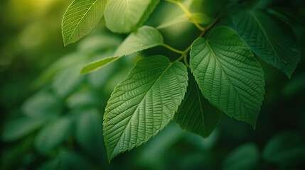 A macro shot of fresh green tree leaves