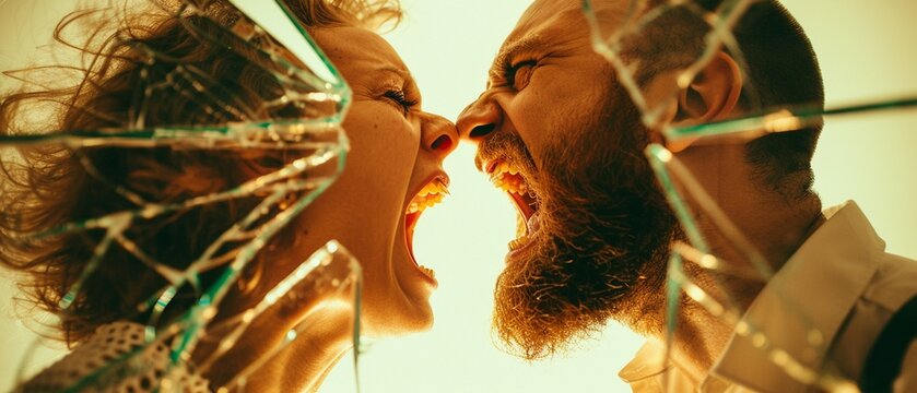 A couple yelling at each other in a cluttered living room, broken picture frame, intense disagreement, realistic photo, high resolution, evening light