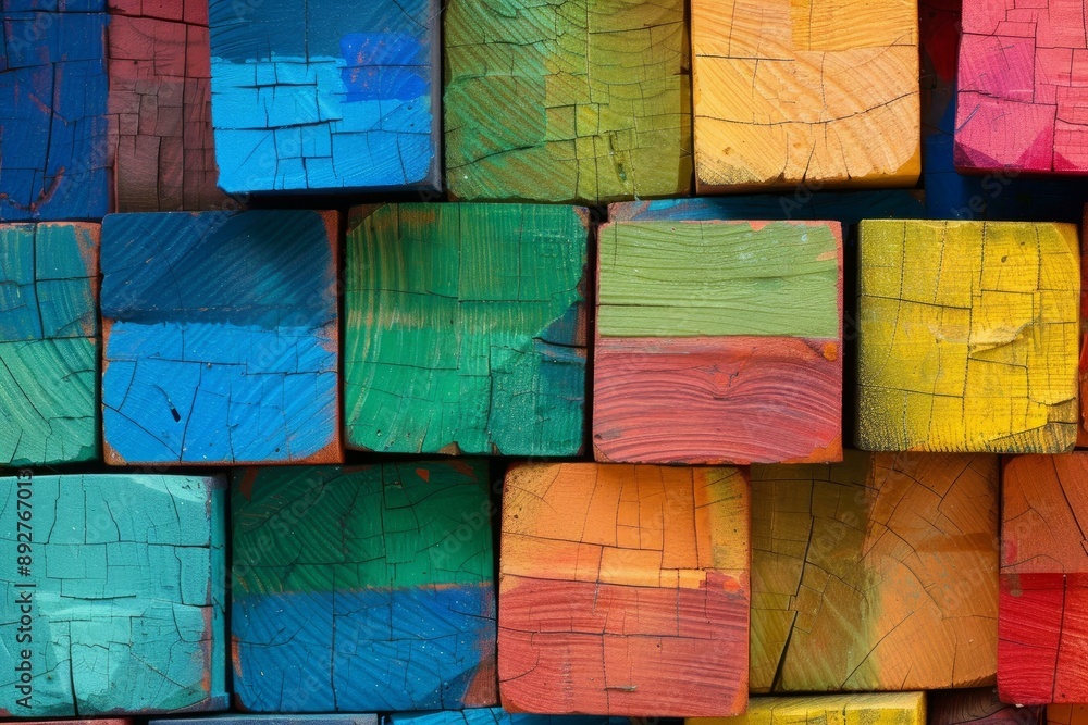 Poster colorful abstract background of painted wooden blocks arranged in an intricate pattern