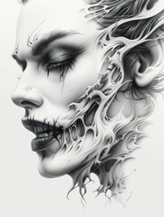 Fototapeta premium Digital Art of Morphing Female Profile with Abstract Skeletal Elements