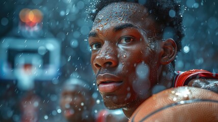 Intense Focus and Determination of Basketball Player Under Dramatic Rainfall on Court with Basketball and Hoop in Backgroundathlete