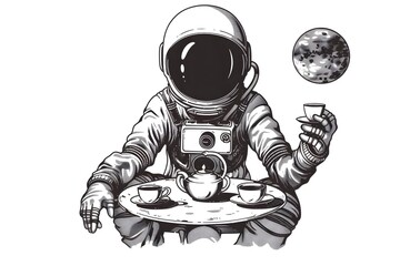 Astronaut Enjoying a Tea Party with Alien Companions in the Cosmic Realm
