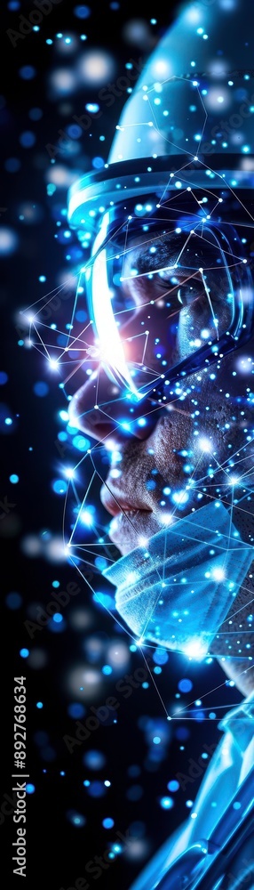 Poster a futuristic digital face surrounded by sparkling light particles, showcasing the concept of artific