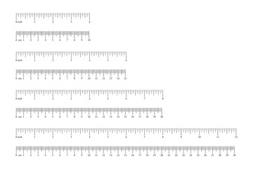 Set of scale, ruler with 10, 15, 20, 30 centimeter, 4, 6, 8, 12 inches with markup and numbers. Measuring charts of metric, imperial units. Distance, height, length measurement, sewing tool template. 