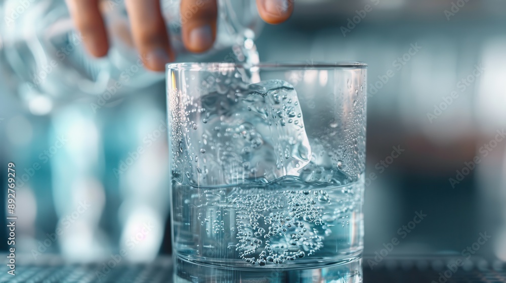 Poster this image captures a bartender's hand as it pours a clear beverage into a chilled glass full of ice