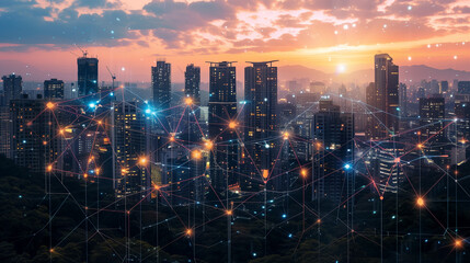 Fototapeta premium Network of lines and dots is connecting the buildings of a modern city at sunset