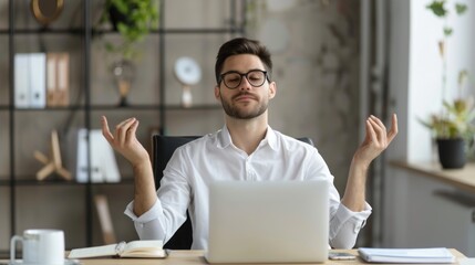 Serene office male employees sit at desks relaxing doing yoga or ZEN meditation practice for calm mental health to reduce stress relief fatigue feel internal balance, and improve mindfulness.