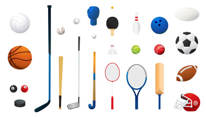 Set of sports equipment isolated on white background. 