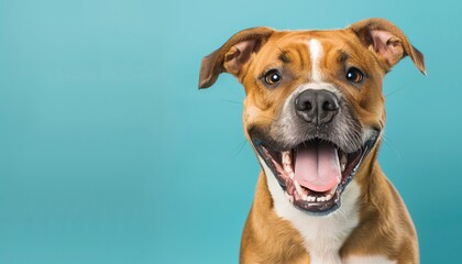 Obraz premium Studio headshot of a mixed breed rescue dog with mouth open in a funny expression against a teal blue background with copy space.
