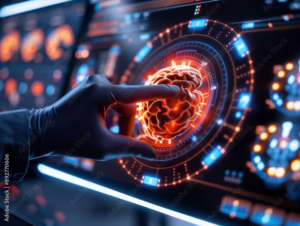 Poster hand interacting with futuristic neural interface on screen, representing ai, technology, and innova