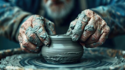 An aged potter molds gray clay on a spinning wheel, capturing the artistry and experience involved in creating a finely crafted ceramic piece in a workshop setting.
