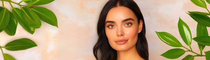 Obraz premium A woman with long hair is smiling and standing near by green plants. Concept of freshness and natural beauty. Wide panoramic banner with copy space.