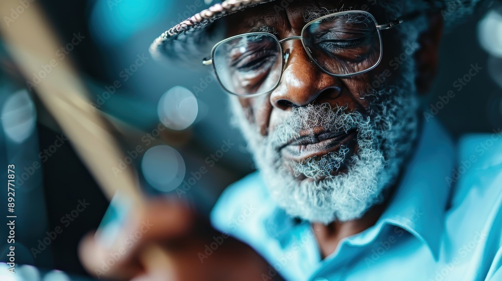 Poster a man playing drums in a dynamic setting, blurred background with lights enhancing the focus on his 