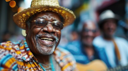 A street performer in a straw hat, surrounded by other musicians, playing a guitar passionately. The vibrant and energetic setting captures the essence of street music.