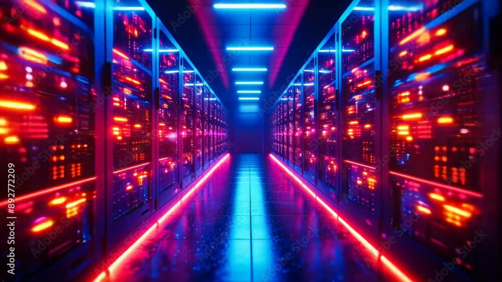 Poster high-tech data center server racks with glowing led lights, symbolizing network infrastructure, clou