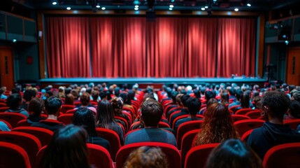 Curtains frame expectant audience captivated by staged spectacle