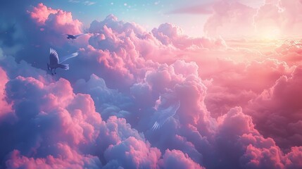 Unicorn flying above a pink and blue clouds, creating a magical atmosphere during a celestial dawn.