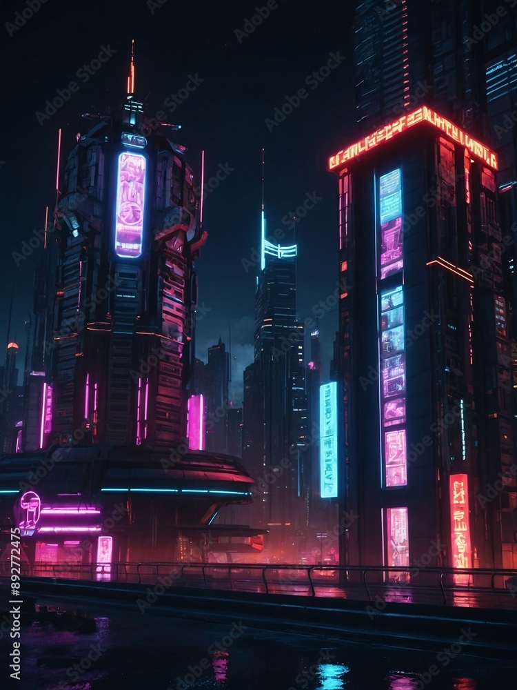 Wall mural Glowing cyberpunk cityscape at night, 3D illustration