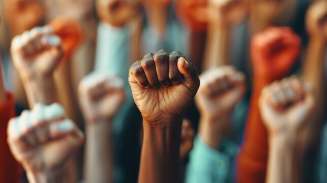 This powerful image shows a diverse group of people raising their fists together, symbolizing unity and strength in a shared cause or movement for social change.