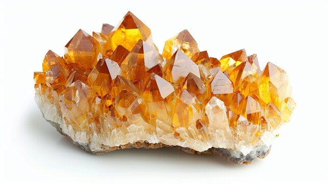 Extremely sharp and detailed close-up macro of an orange Citrine Quartz Crystal mineral stone cluster isolated on a white background. Natural raw translucent shiny yellow crystal specimen