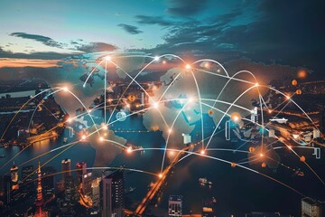 Obraz premium Global Economic Network, Concept Image Depicting Interconnected Cities and Trade Routes Across the World