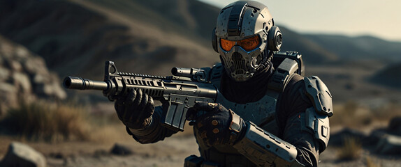 Naklejka premium cyborg soldier fighting in a warzone movie story seen trail cam footage, rear view, wide angle shot, a striking contrast against the soft, blurred background, with a digital interface overlaid