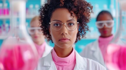 A woman scientist in a lab coat with a serious expression stands in a lab, signifying determination and focus. The image highlights professionalism and scientific dedication.