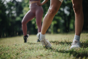 Women practicing calisthenics exercises in the park. Outdoor workout with focus on fitness, health, and wellness.