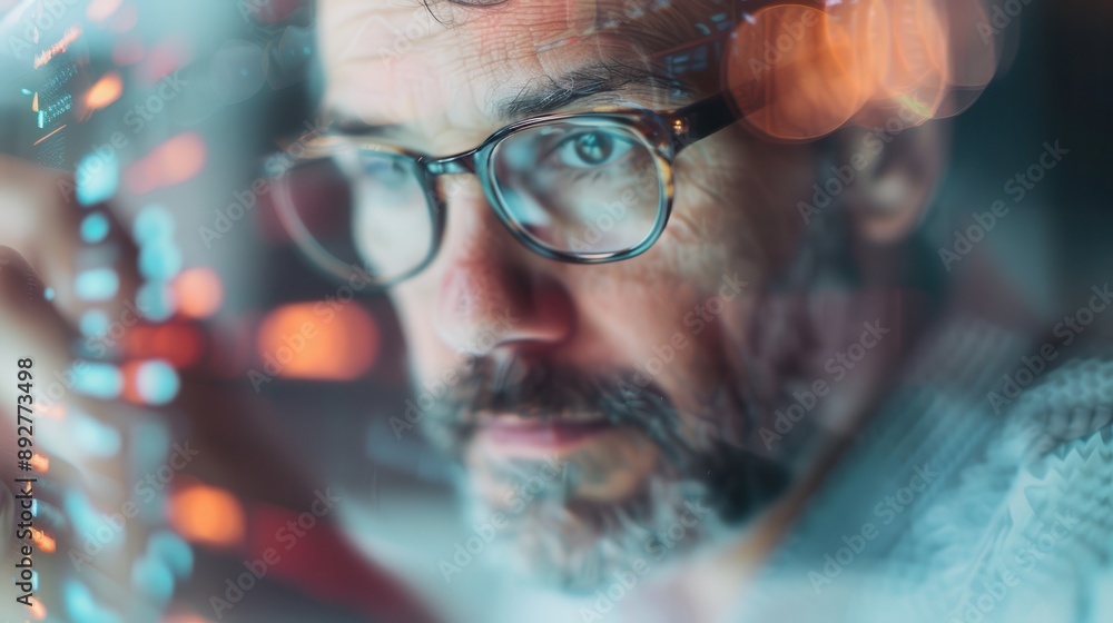 Poster a person engaging with a digital interface, highlighted by glowing lights and dynamic elements. the 